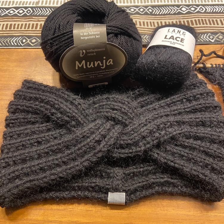 Stirnband Handgestrickt, 3fach gezopft, Munja/Lace (Merino/MohairSeide) - 3