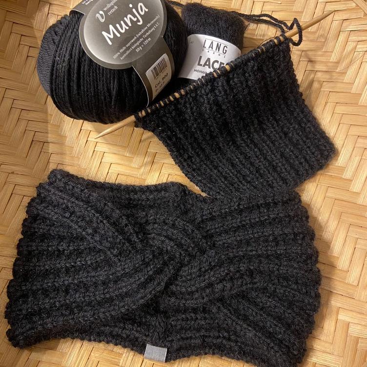 Stirnband Handgestrickt, 3fach gezopft, Munja/Lace (Merino/MohairSeide) - 0